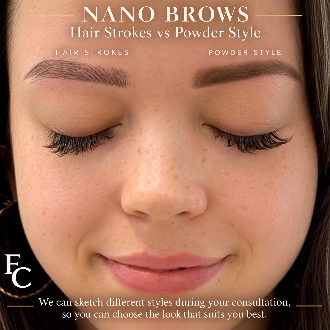 Consultation drawing comparing hair-stroke detail with powder-style brow shading