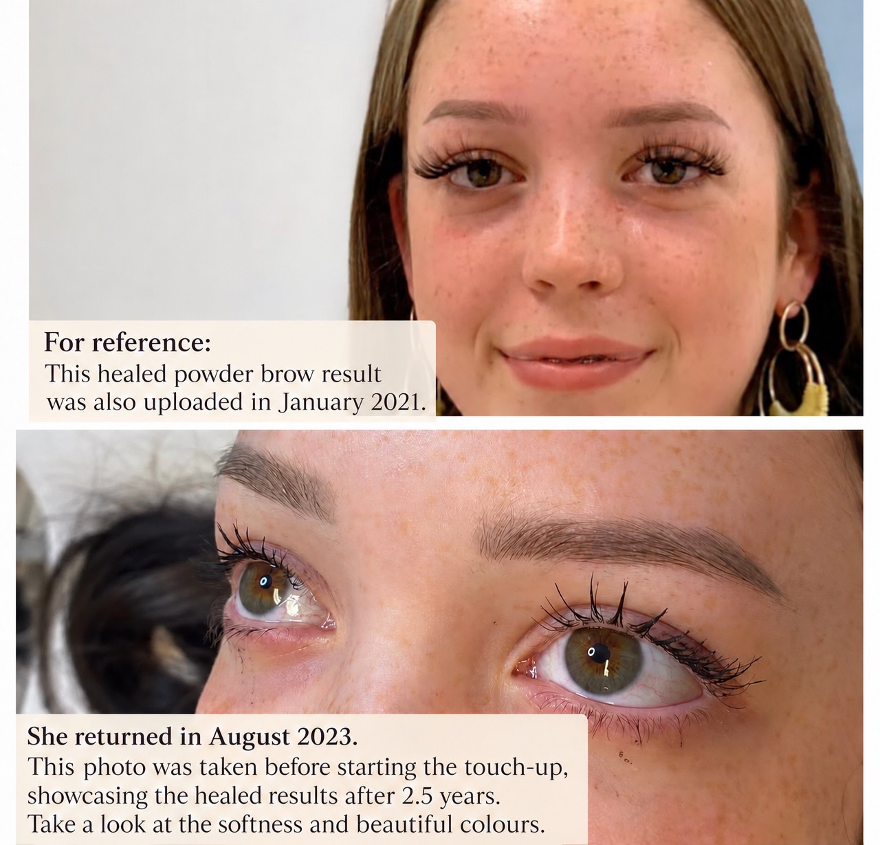 Powder brows timeline comparison, with the lower image showing healed brows 2.5 years after treatment before touch-up.