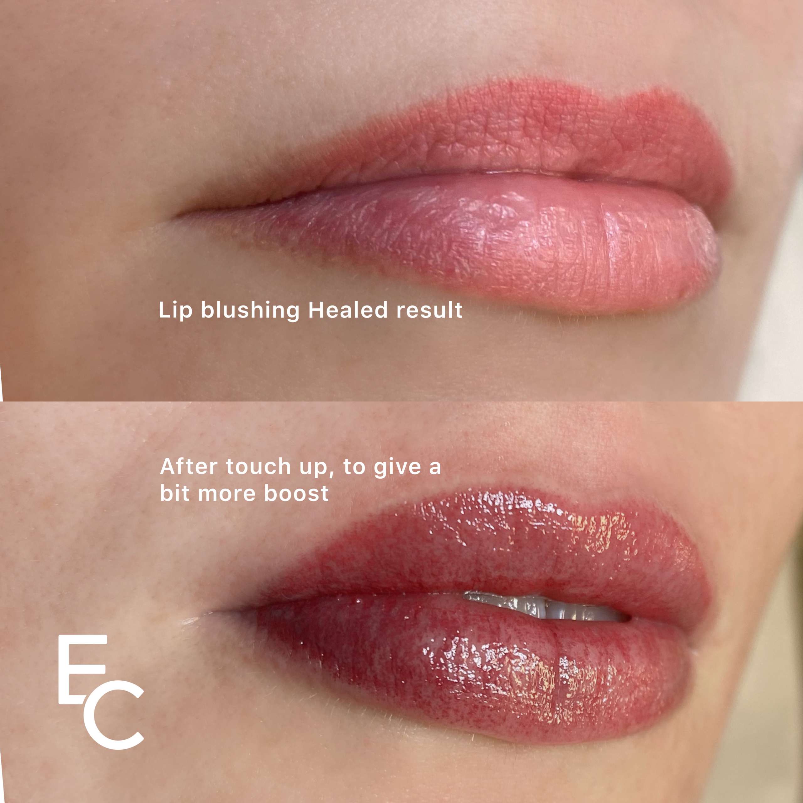Healed lip blush result and the same lips after a colour-boosting touch-up at ELKA Clinic Perth