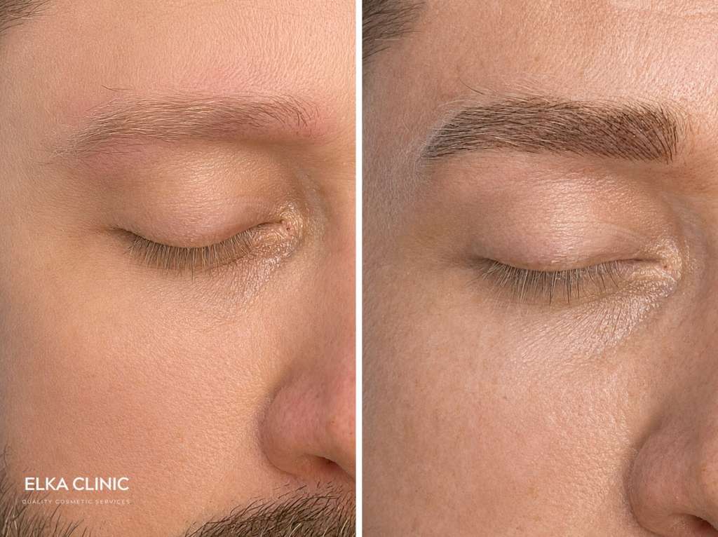 Man’s eyebrows before and after nano brows shown from the front and in profile