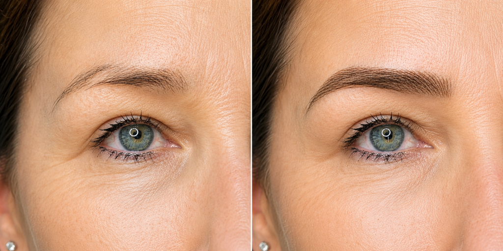 Nano Brows before and after shown side by side on a mature client at ELKA CLINIC in Subiaco, Perth