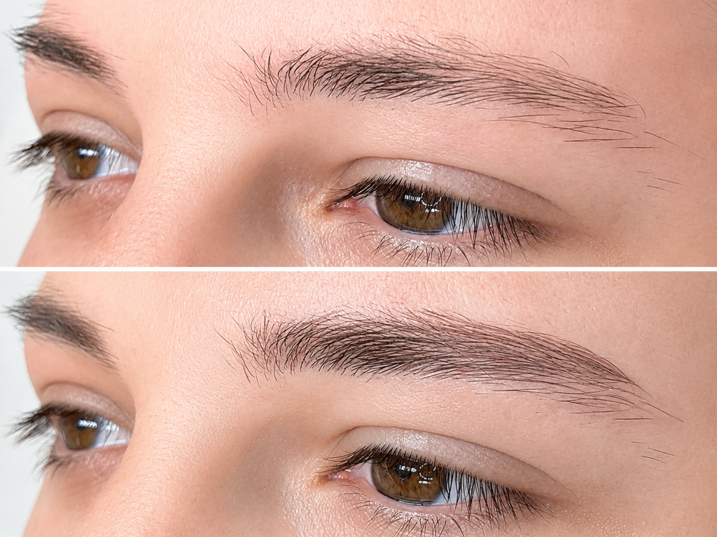 Macro detail of nano hair strokes in a man’s eyebrow with clean skin visible between the strokes