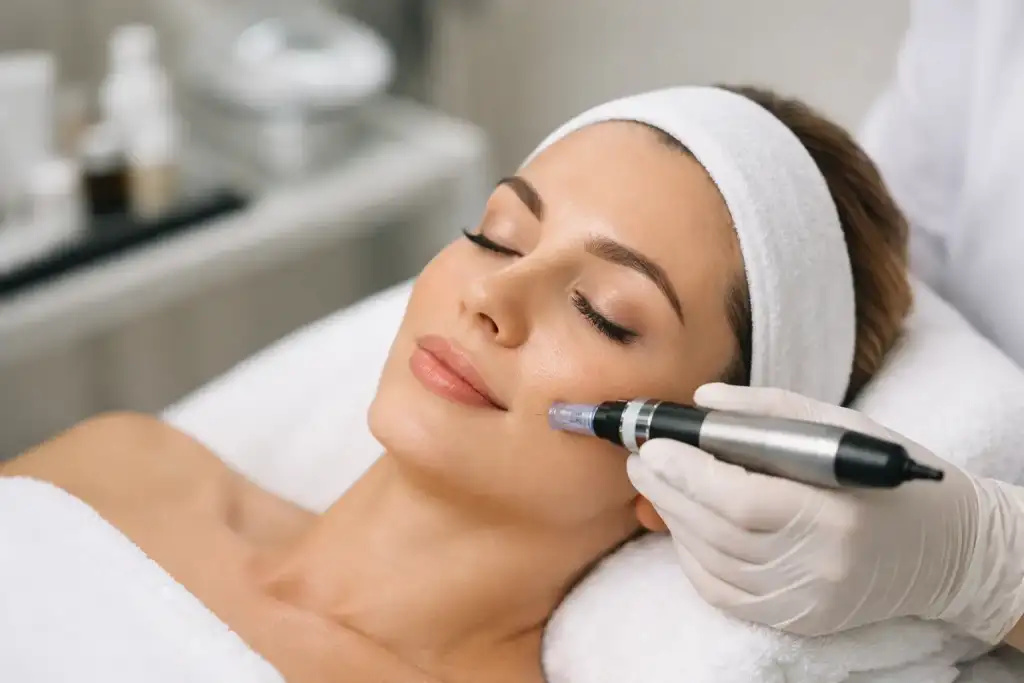Editorial illustration of a microneedling pen being used on the skin