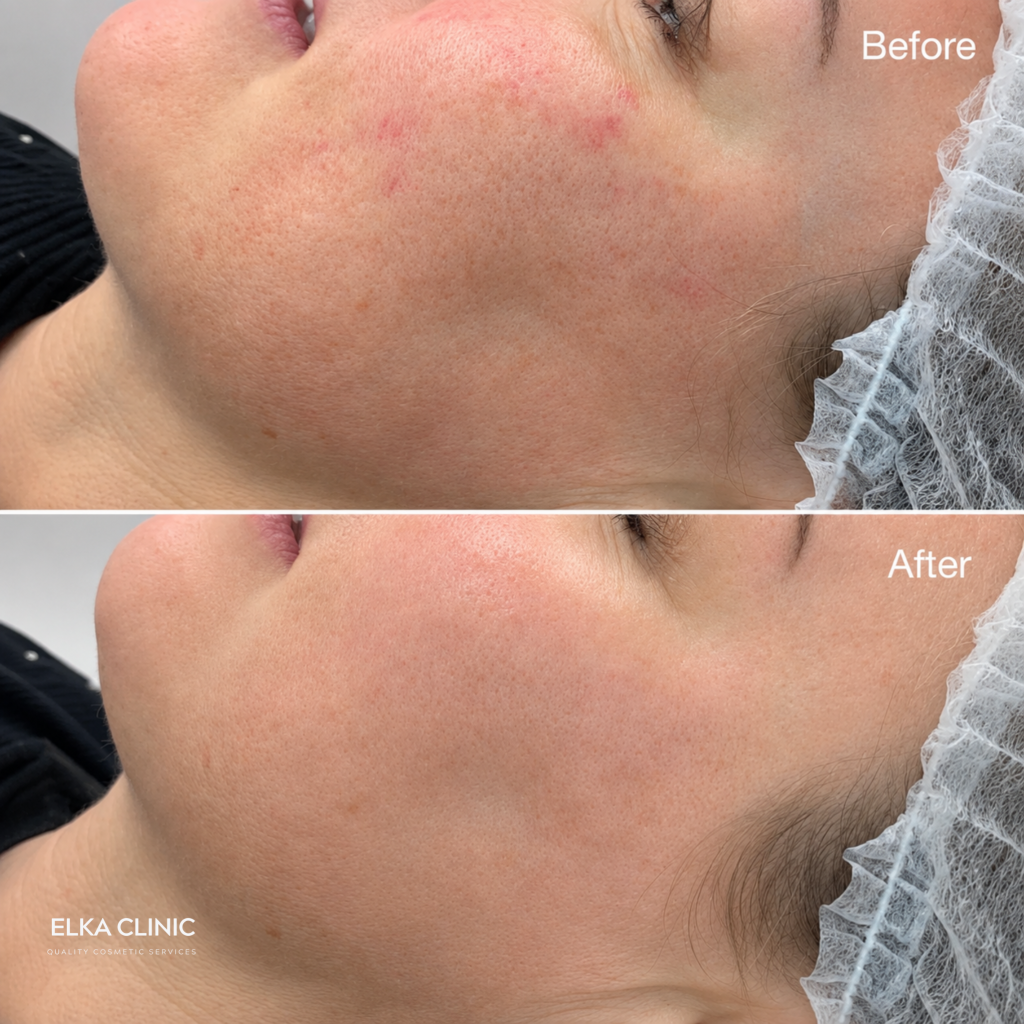 Before and after photographs of uneven skin tone on a client’s face, taken at ELKA CLINIC in Perth