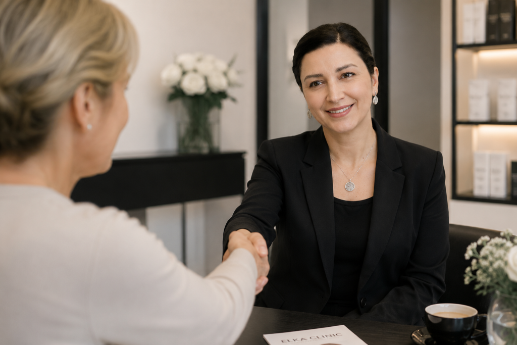 ELKA CLINIC founder Ellie greeting a client at the Subiaco clinic in Perth