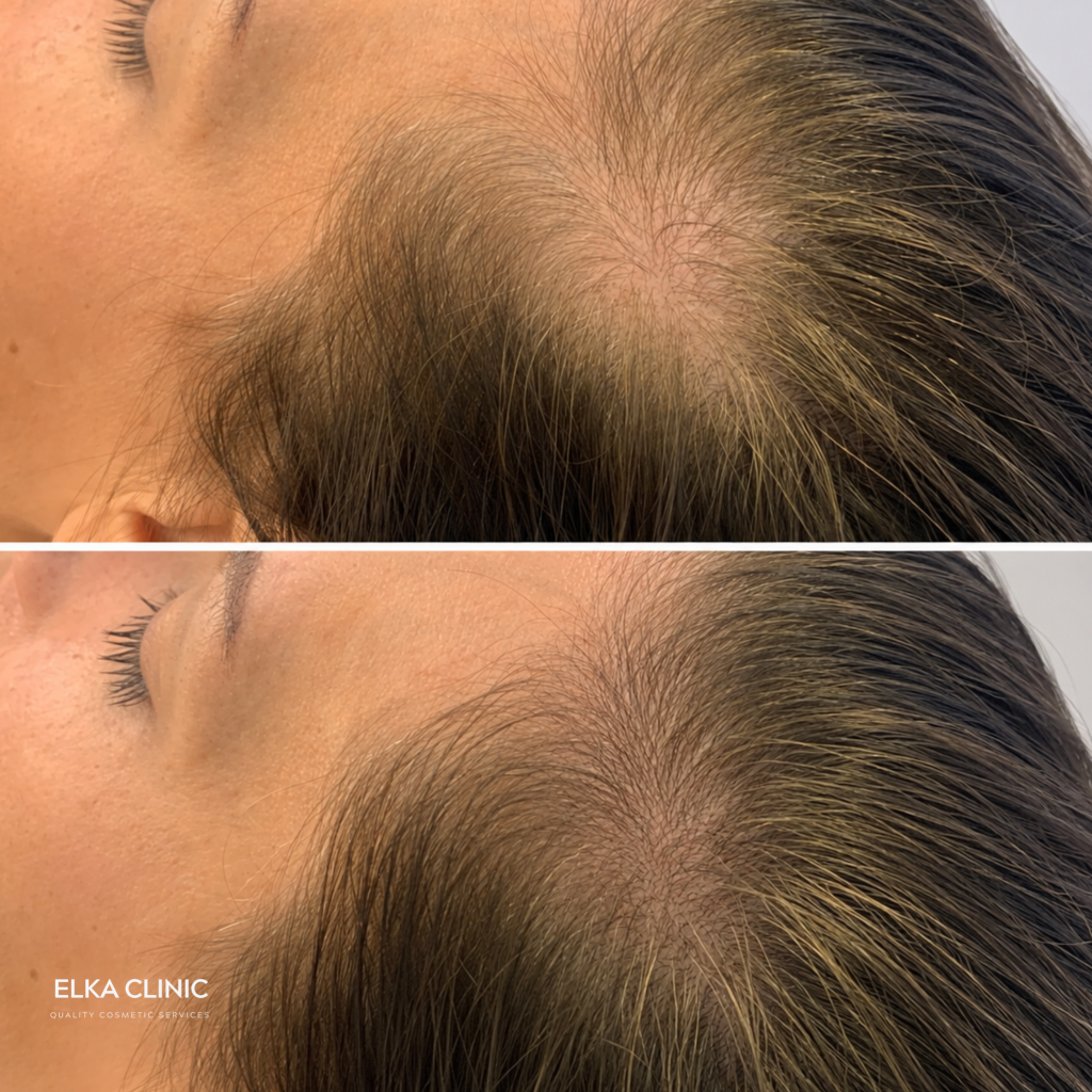 Before and after photographs of a client’s scalp, taken at ELKA CLINIC in Perth