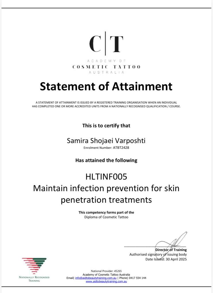 Infection prevention for skin penetration treatments certificate held by ELKA CLINIC