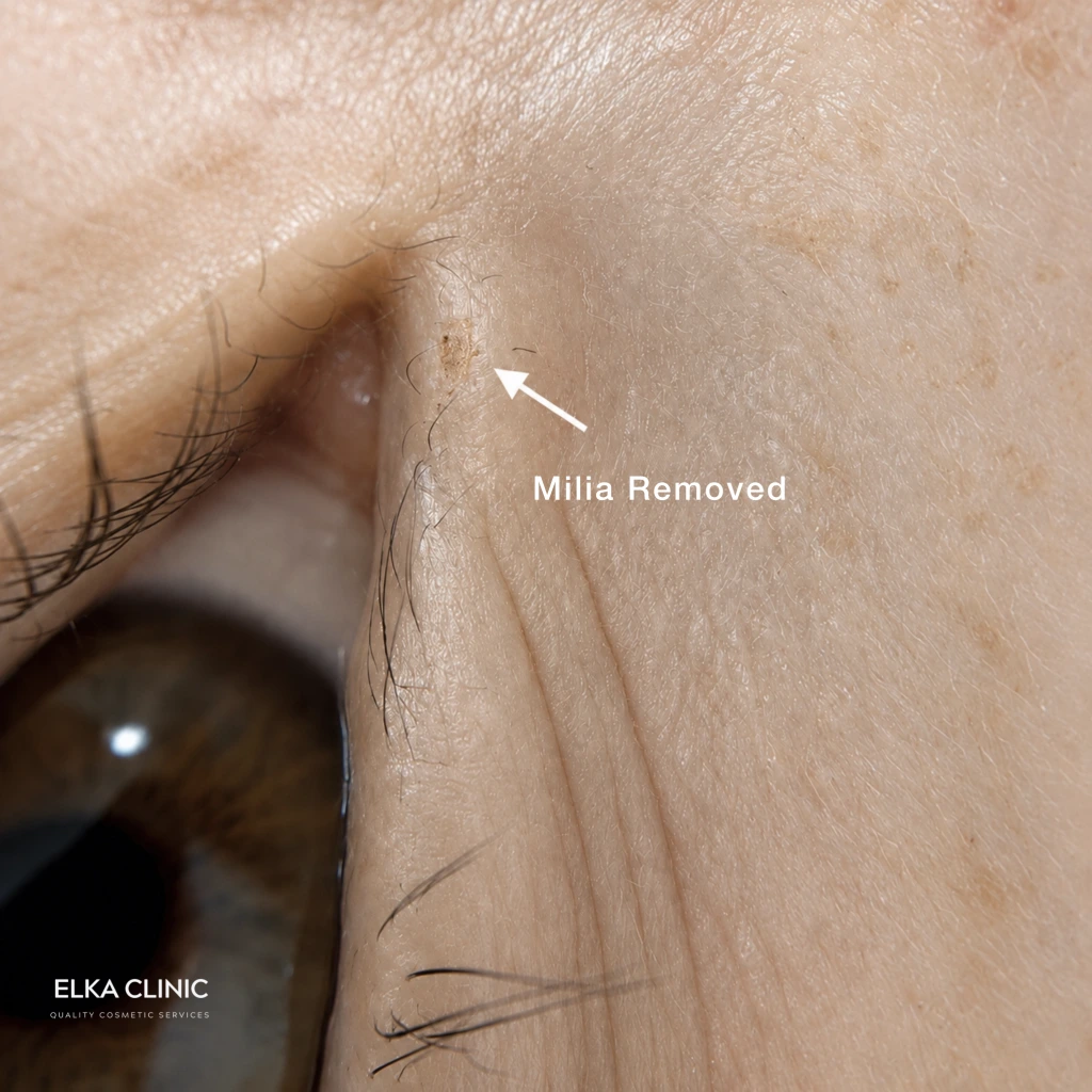 Before and after photographs of milia removal near the eyes with Plasma Pen at ELKA CLINIC in Perth