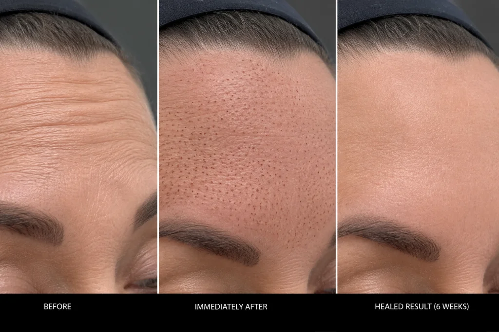 Illustration showing the three stages of Plasma Pen fibroblast treatment for forehead wrinkles: before, immediately after, and the healed result at six weeks