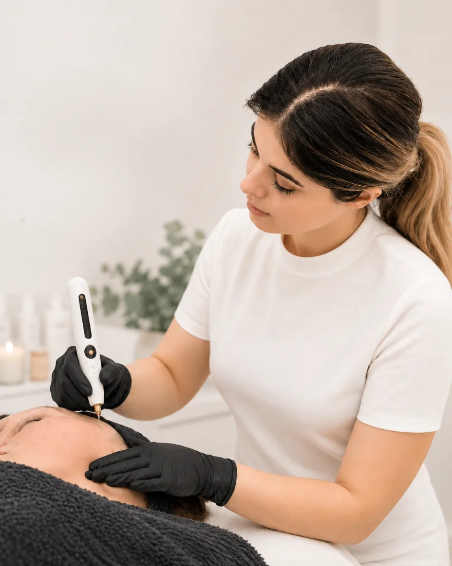 Maryam, Senior Skin Therapist at ELKA CLINIC, performing a Plasma Pen fibroblast skin tightening treatment on a client’s upper eyelid area in the Subiaco treatment room in Perth