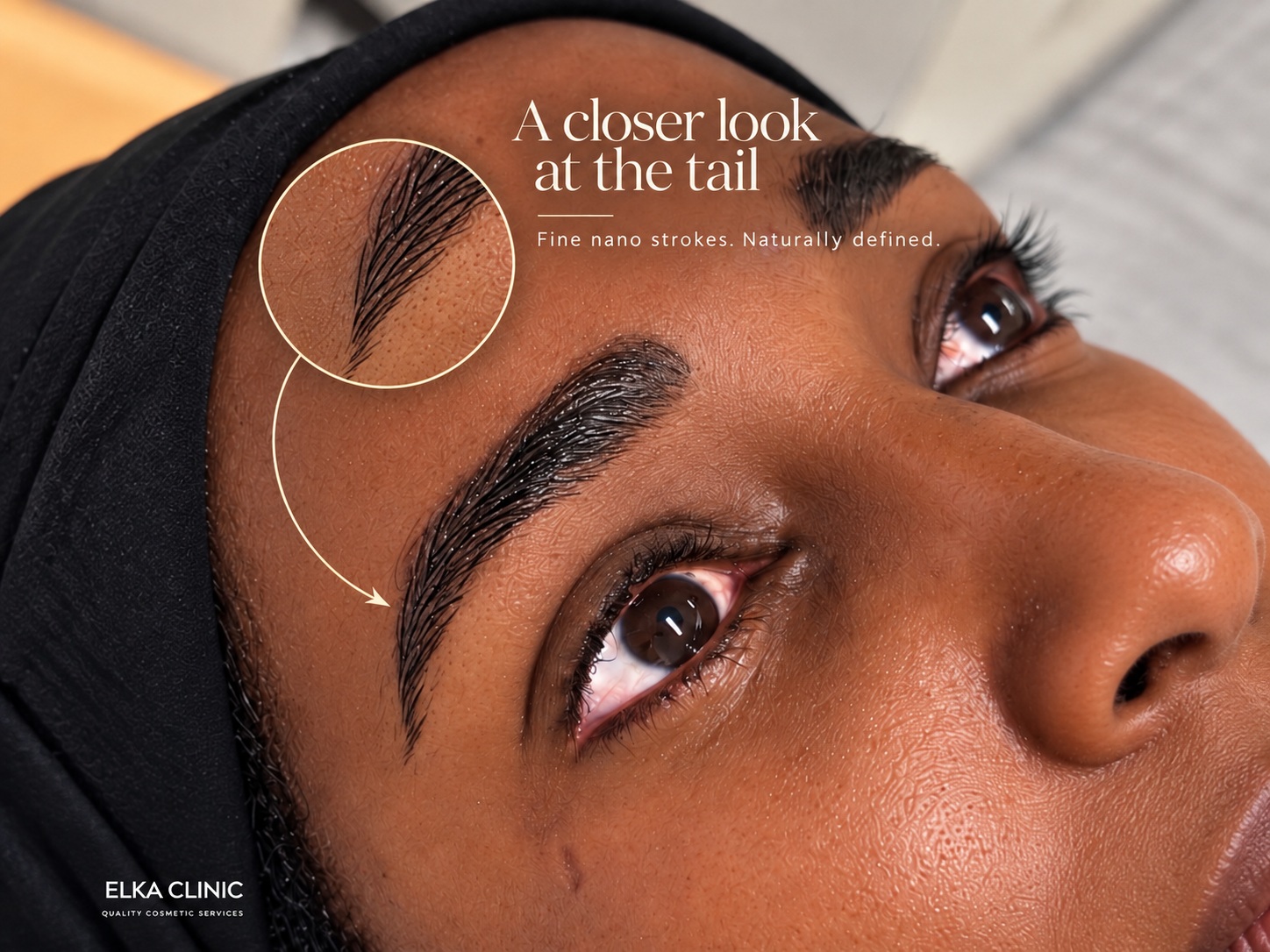 Close-up of nano brows on tan skin, showing fine strokes at the brow tail, by ELKA CLINIC Perth